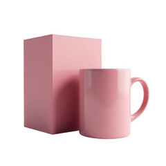 A?pink box and mug against a black background, showcasing a simple product presentation.