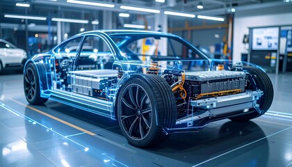 A futuristic electric car's internal structure is highlighted in a digital representation