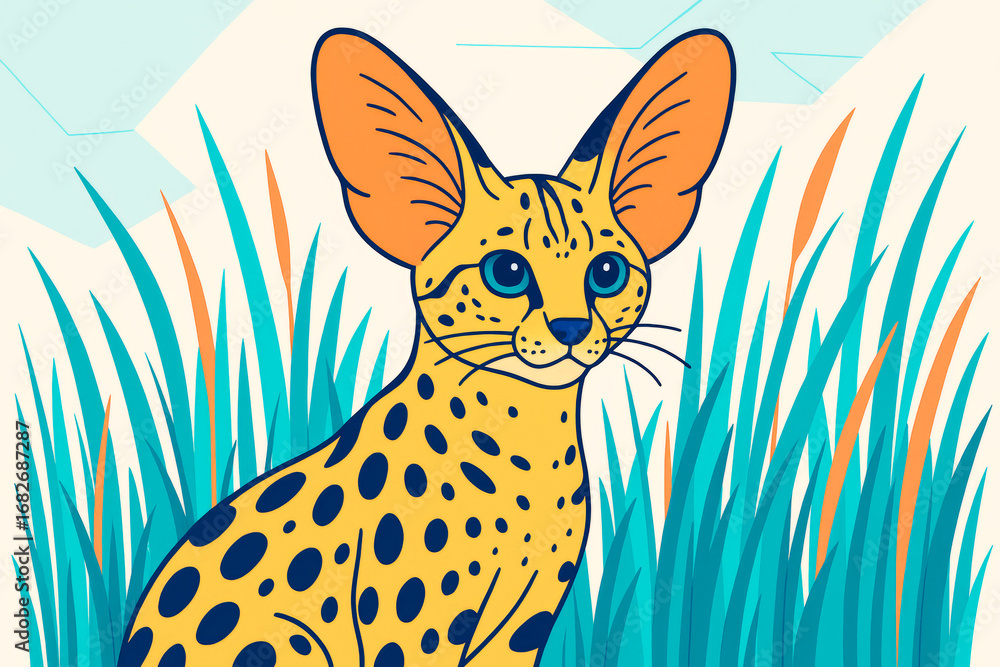 Aufkleber colorful serval cat with large ears sitting in tall grass with abstract light background in modern f