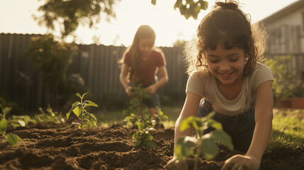 Children joyfully planting seedlings in a garden during late afternoon sunlight