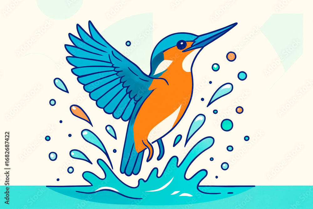 Aufkleber colorful kingfisher bird splashing out of water with wings spread wide in a vibrant abstract style o