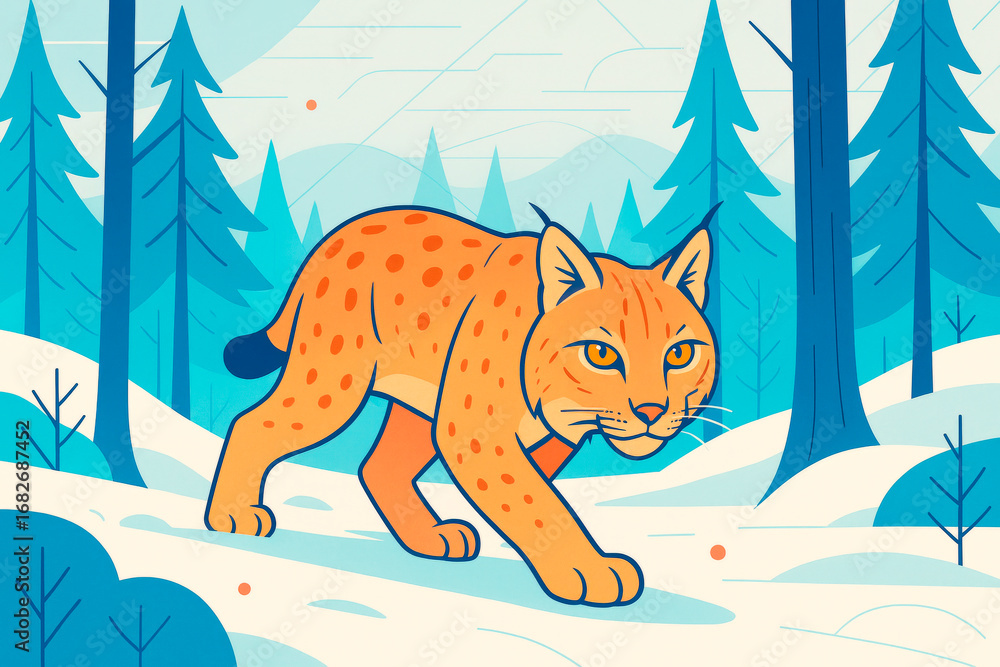 Poster wild lynx walking silently in snowy forest with abstract stylized trees and distant mountains in sof