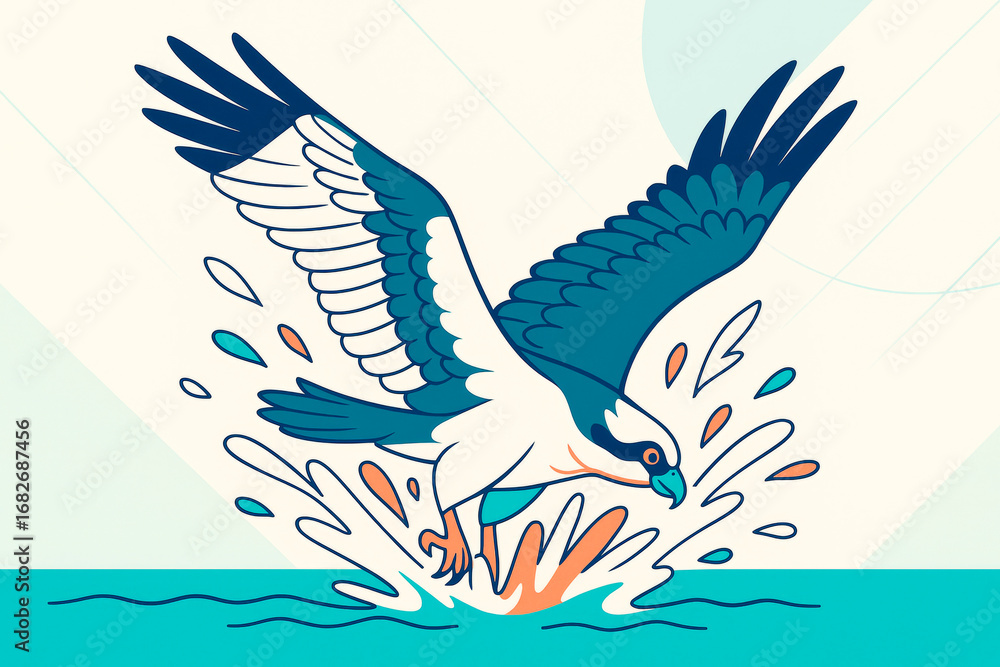Poster osprey bird diving into water to catch prey in stylized colorful illustration with splashing effect 