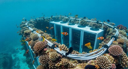 Underwater data center server farm with coral reef and tropical fish stock photo image