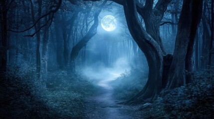 A mystical forest path bathed in the pale moonlight, showcasing towering trees and a sense of mystery.