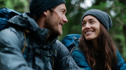 Fototapeta premium Couple enjoys a moment of connection while hiking in a lush forest during a cool afternoon