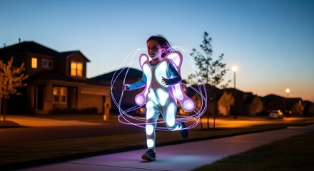 Obraz premium The future of trick-or-treating, a modern Halloween concept showcasing a child's luminous, high-tech costume at dusk