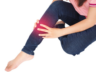 Young woman hand touch massage her calf on floor in bedroom at home, Her has leg cramp muscle pain. Health and medical concept. 