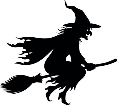Silhouette of a spooky witch flying on a broomstick under a full moon vector