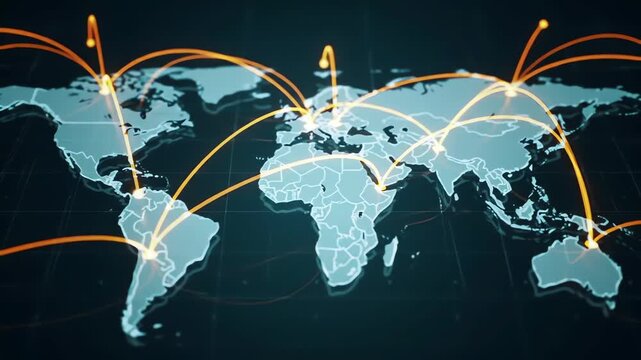 Digital world map with animated glowing lines representing global network connections and logistics
