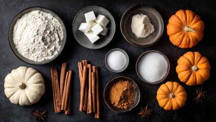 Autumnal baking ingredients arranged on a dark surface.  Small pumpkins, flour, sugar, cinnamon sticks, and spices