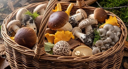 A rustic wicker basket overflowing with a diverse assortment of freshly gathered wild mushrooms, including chanterelles, shiitake, and oyster mushrooms, set on a mossy forest floor.