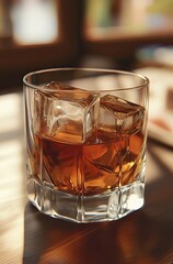 A glass of whiskey with two ice cubes