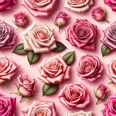 Seamless pink rose pattern on soft blush—photorealistic, high-res, tileable repeat with leaves. Wedding invitations, wallpaper, fabric, gift wrap, cosmetics packaging, romantic branding.