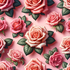 Seamless pink rose pattern on soft blush—photorealistic, high-res, tileable repeat with leaves. Wedding invitations, wallpaper, fabric, gift wrap, cosmetics packaging, romantic branding.