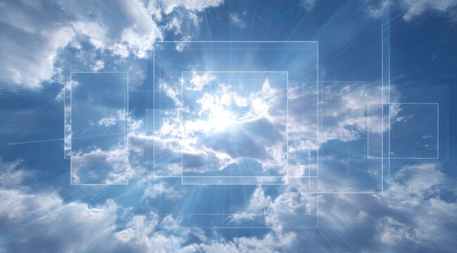 Digital squares overlay a vibrant sky filled with clouds - Powered by Adobe