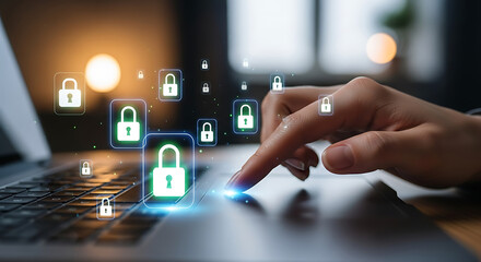 Finger on laptop with digital padlocks hovering representing online security and data protection measures
