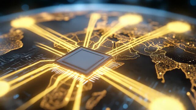 A computer chip is glowing on a map of the world. The chip is located in the middle of the map. World map showing semiconductor shortage impact with glowing chip overlay, clean infographic ready