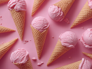 Ice cream cones on pink background, top view. Space for text