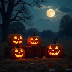 Haunted Pumpkin Trio Lighting Up Spooky Autumn Evening