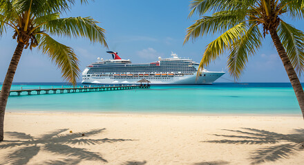 Majestic cruise ship docked at a tropical island pier seen through palm trees on a sunny day isolated on white background