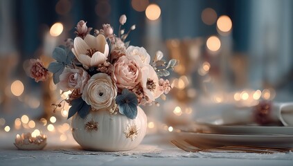 Elegant floral arrangement in a white pumpkin-shaped vase