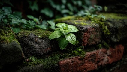 Green shoots emerge from mossy brick wall