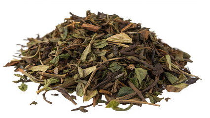 Heap of dry green tea leaves isolated on transparent background, ready to brew a cup of aromatic beverage for relaxation and refreshment