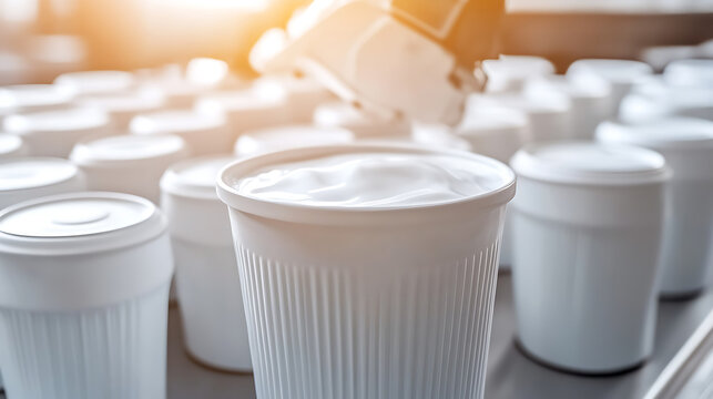 Automated Machine Filling Containers with White Creamy Substance
