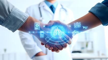 Doctors shaking hands with futuristic blue digital interface and medical technology overlay