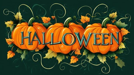 Hand-Painted Halloween Typography with Pumpkins, Teal Letters Integrated with Orange Gourds, Autumn Leaves on Dark Green Background, Festive
