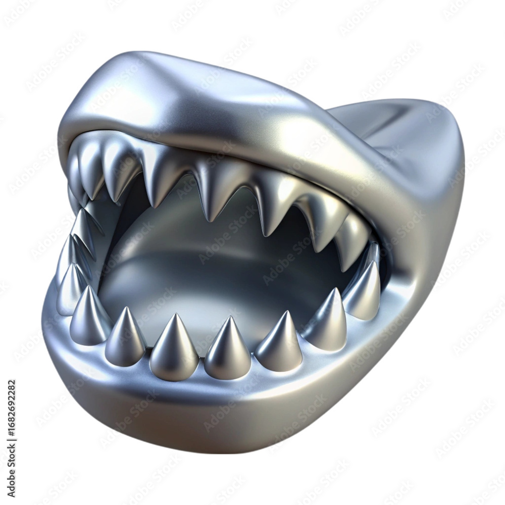 Poster 3d rendered shark jaw isolated on black background with sharp metallic teeth displayed
