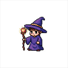 Adorable Pixel Art Sorcerer Casting Magical Spell with Glowing Staff