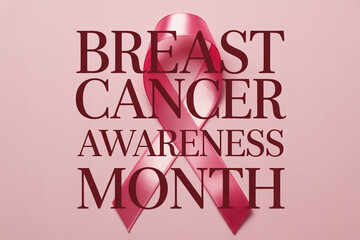 Fototapeta premium Breast Cancer Awareness Month message with pink ribbon and bold text on a soft pink background, perfect for campaigns and support