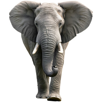 Majestic african elephant walking directly towards viewer transparent background