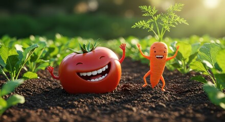 A smiling tomato and a cheerful carrot with arms and legs stand in a field of green plants and dark soil under bright sunlight