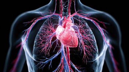 This vivid illustration shows the human heart with detailed blood vessels, emphasizing the structure and function of the cardiovascular system.