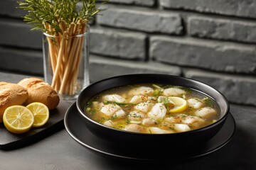 Bowl of fish soup, garnished with lemon, next to breadsticks and rolls