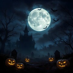 Spooky Halloween night with witch flying under full moon and glowing pumpkin lanterns