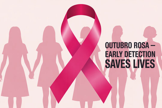 Outubro Rosa awareness campaign with pink ribbon and holding hands, promoting early detection and saving lives for breast cancer awareness