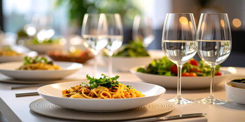 Elegant dinner table setting with pasta dishes, fresh salads, and wine glasses.