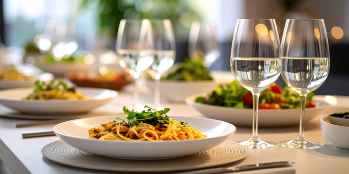 Elegant dinner table setting with pasta dishes, fresh salads, and wine glasses. - Powered by Adobe