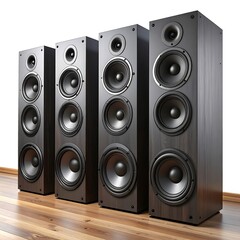 Fototapeta premium Three dark wooden speakers on a wooden floor
