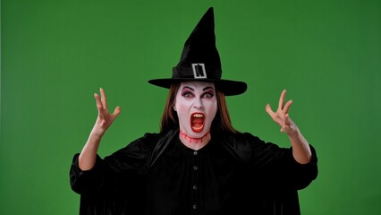 A witch with vampire makeup, wearing a black cloak and hat, looks at the camera and appears very angry