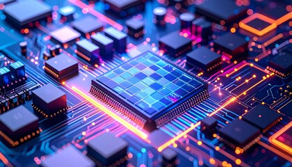 Futuristic microchip with integrated chessboard pattern and glowing circuitry