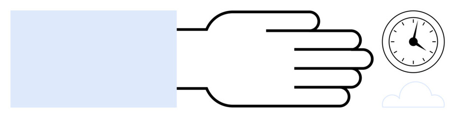 Open hand extending toward an analog clock, symbolizing punctuality, planning, and time management. Ideal for productivity, deadlines, time tracking, efficiency, organization workflow simple flat