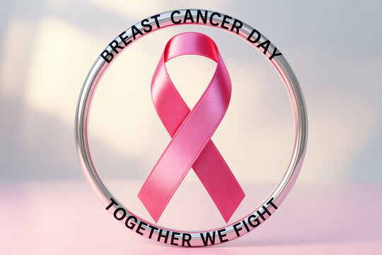 Pink ribbon symbol within a metallic circle that reads Breast Cancer Day Together We Fight, a compassionate message of hope