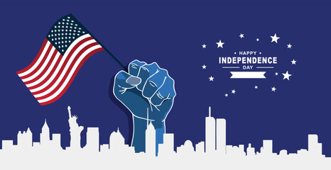American flag hand fist NYC skyline Independence Day Vector graph
