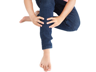 Young woman hand touch massage her calf on floor in bedroom at home, Her has leg cramp muscle pain. Health and medical concept. 