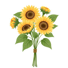 Obraz premium Flat botanical illustration of sunflower bouquet with tied stems isolated on white background clean style